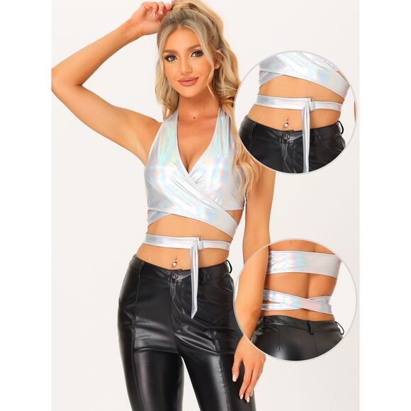 Metallic Halter Neck Top Deep V Neck Backless Crop Tops Holographic White - Picture 2 of 5
